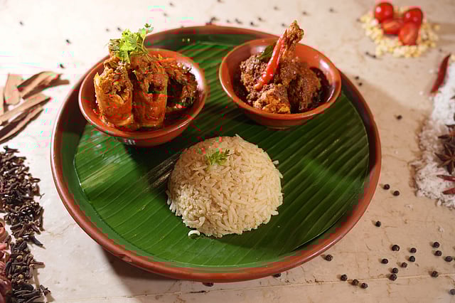 Era Pachadi, Chicken Chettinadu and Brown Rice (L-R)