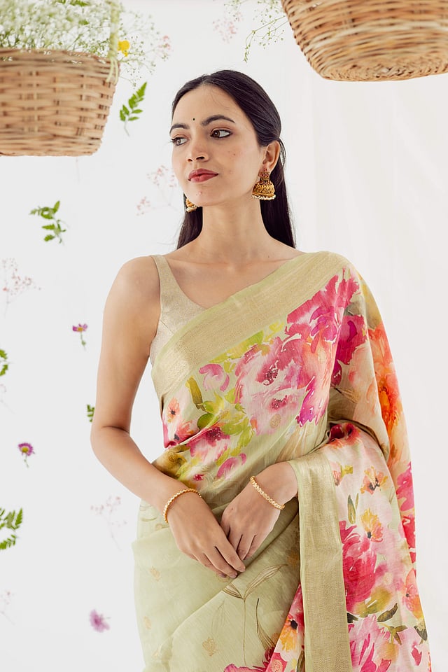 Pale green printed sari