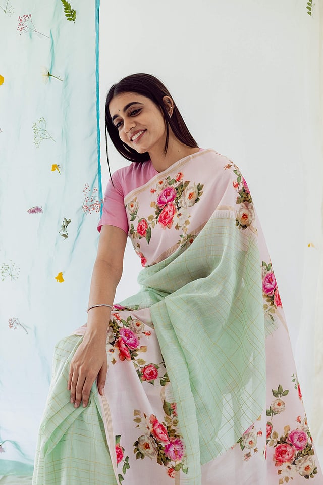 Powder pink with pale green sari
