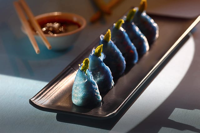 <em>Blue pea & spicy asparagus dumplings</em>