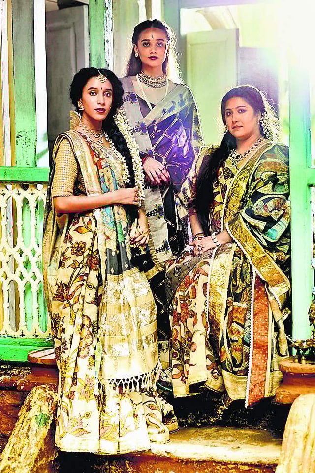 Handpainted <em>Kalamakri saris</em> on a handwoven <em>Banarasi</em> Tussar silk base